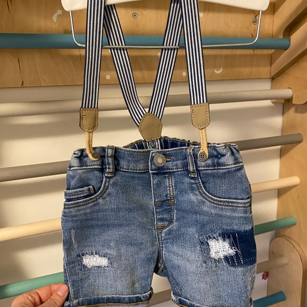 H&M Blue Denim Shorts with Striped Suspenders